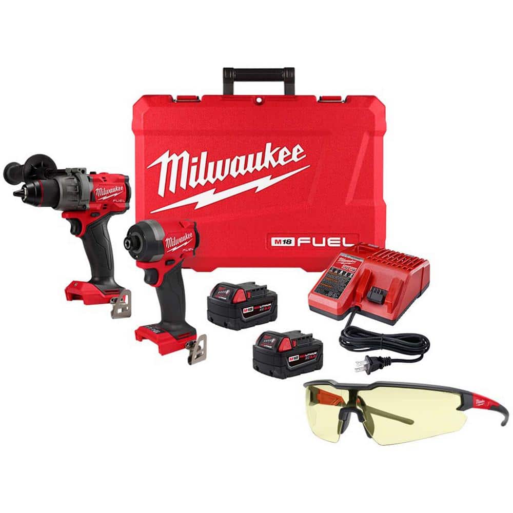 Milwaukee M18 18-Volt Cordless FUEL Brushless Hammer Drill and Impact Driver Combo Kit with 2 Batteries and Yellow Safety Glasses -  3697-22-48-73
