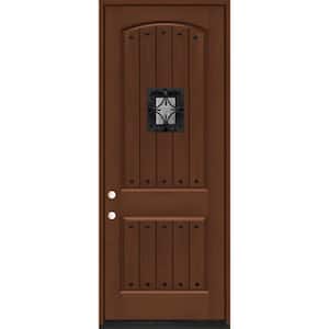 36 in. x 96 in. 2-Panel Plank Oxford Right Hand Inswing Chestnut Stain Fiberglass Prehung Front Door with Clavos