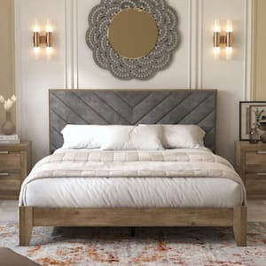Vancus Knotty Oak with Velvet Gray Wood Frame Upholstered Queen Platform Bed, Headboard