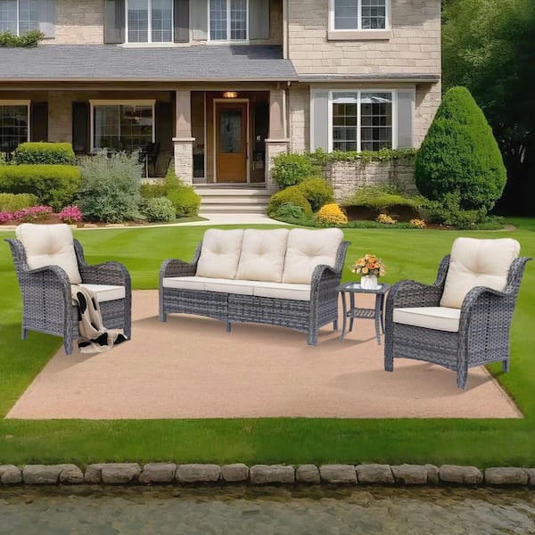 Gray 4-Piece Wicker Patio Conversation Set Outdoor 3-Seat Sofa Armrest Chairs with Beige Cushions and Side Table