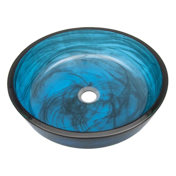 Eden Bath Transparent Blue Glass Round Vessel Sink with Flat
