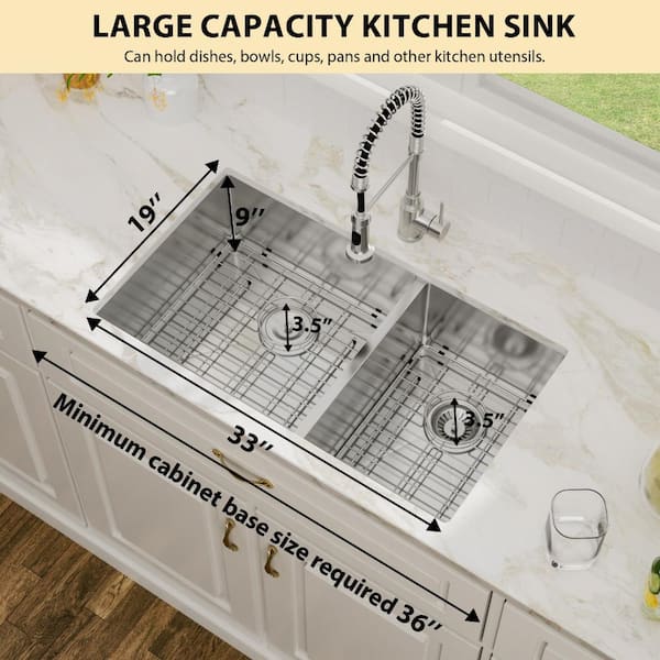 Logmey 33 in. Undermount Sink Double Bowl 60/40 Brushed 16-Gauge