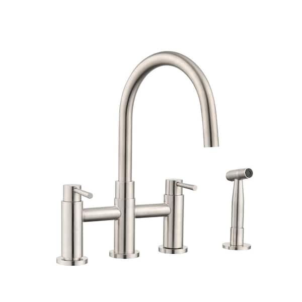 YASINU Double Handles Deck Mount Bridge Kitchen Faucet with Side Sprayer 360 Swivel Spout in Brushed Nickel