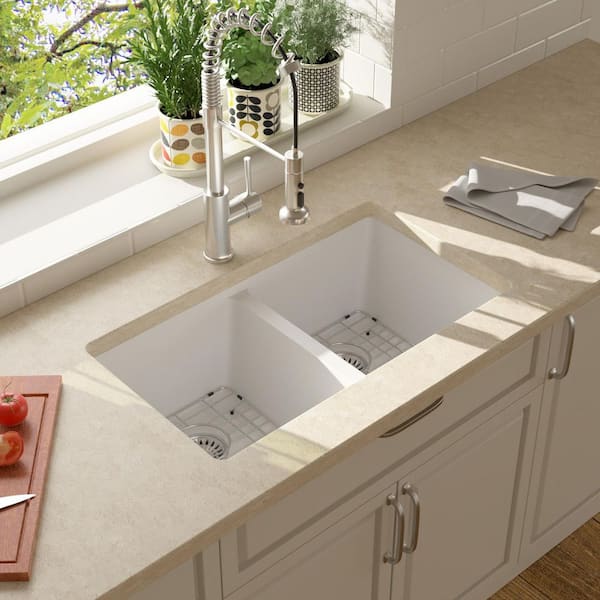 33 in.White qz. Composite Double Bowl 50/50 Undermount Kitchen Sink with Accessories