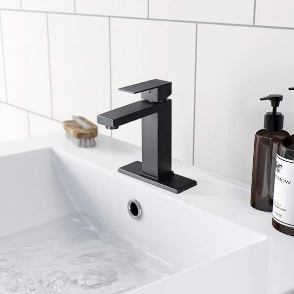 Unbranded Single Handle Single Hole Stainless Steel Bathroom Sink Faucet, with Deckplate and Drain Assembly in Matte Black