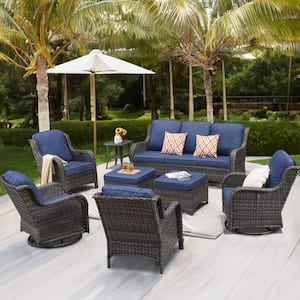 Moonlight Gray 8-Piece Wicker Patio Conversation Seating Sofa Set with Denim Blue Cushions and Swivel Rocking Chairs