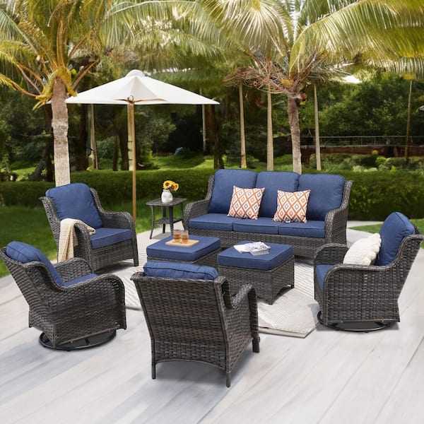 XIZZI Moonlight Gray 8-Piece Wicker Patio Conversation Seating Sofa Set with Denim Blue Cushions and Swivel Rocking Chairs