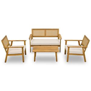 Natural Wood Wash 4-Piece Acacia Wood Patio Conversation Set with Beige Cushions