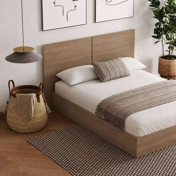 Milano Brown Oak Frame Queen Size Platform Bed with Headboard