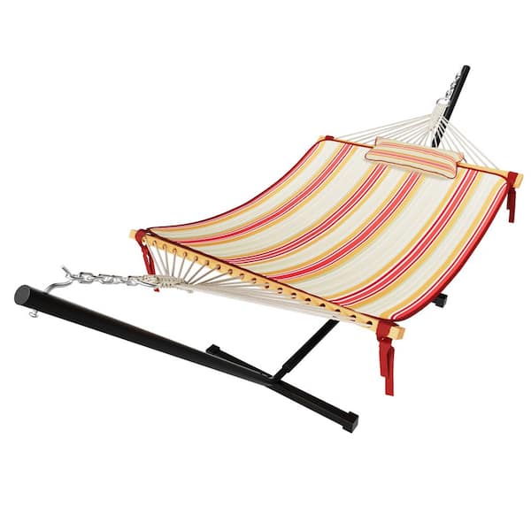 VEIKOUS 2-Person Red Stripes 12 ft. Heavy-Duty Hammock with Stand and Detachable Pillow, 450 lbs. Capacity