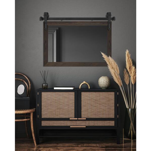 (54 in. W x 33 in. H) Black Walnut Modern Rustic Mirror with Steel Barn Door Rail