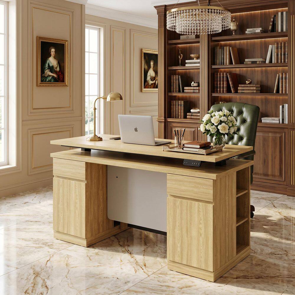 FUFU&GAGA 54.3 in. Rectangular Yellow Wood Grain 2-Drawer Computer