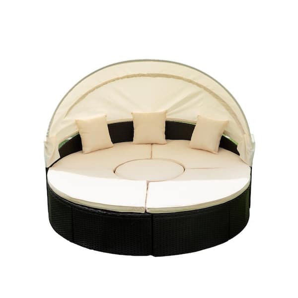 Sudzendf Black Wicker Outdoor Patio Round Day Bed with Retractable Canopy and Cream Cushions