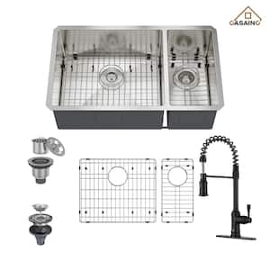 32 in. Undermount Double Bowl 18 Gauge All-in-One Stainless Steel Kitchen Sink with Bottom Grids and Kitchen Faucet