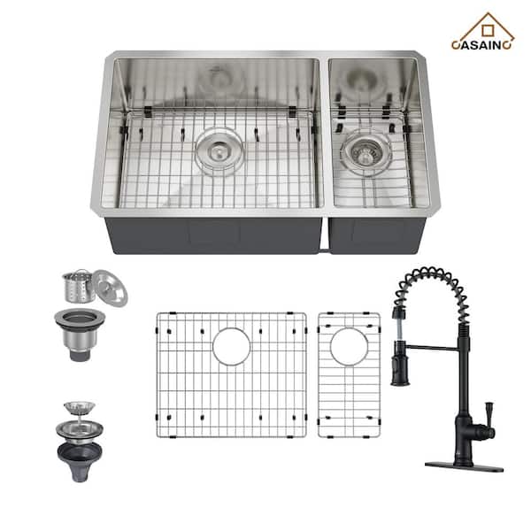 CASAINC 32 in. Undermount Double Bowl 18 Gauge All-in-One Stainless Steel Kitchen Sink with Bottom Grids and Kitchen Faucet