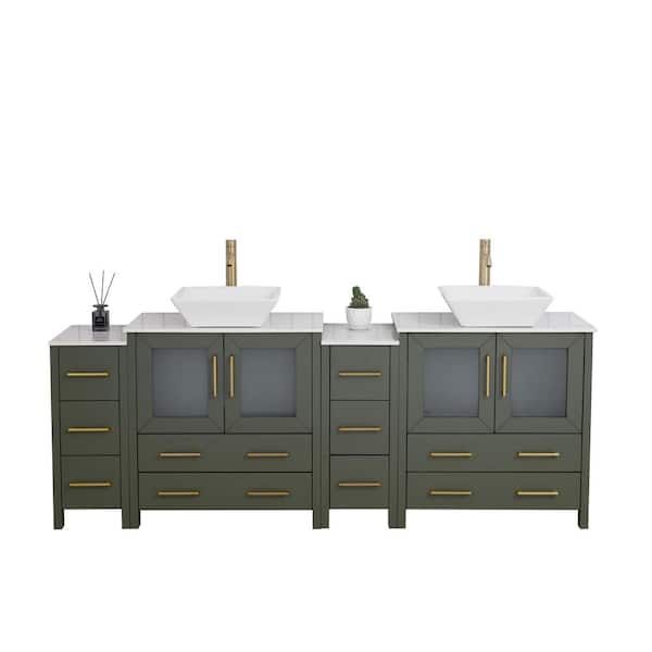 84 in. W Double Basin Vintage Green Bath Vanity with White Engineered Marble Top and Mirror