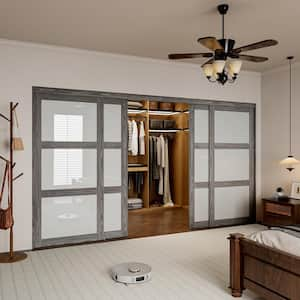 144 in. x 80 in. 3-Lites Tempered Frosted Glass Dark Walnut MDF Closet Sliding Door with Hardware Kit