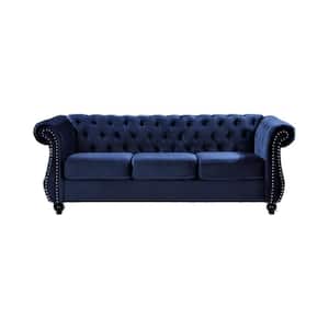 Feinstein 82.6 in. Rolled Arm Velvet Straight 3-Seater Sofa in Dark Blue