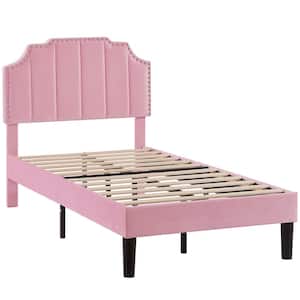 Upholstered Bed Pink Metal plus Wood Frame Twin Platform Bed with Tufted Adjustable Headboard/Mattress Foundation