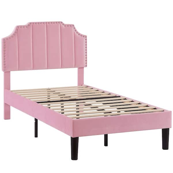 VECELO Upholstered Bed Pink Metal plus Wood Frame Twin Platform Bed ...