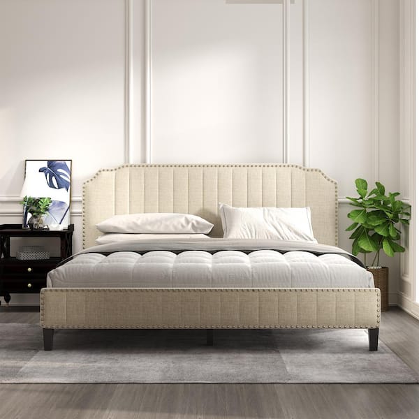 Upholstered Platform Bed Frame, King Size Bed Frame With Headboard Wooden