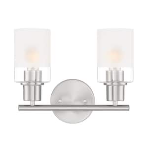 Cedar Lane 13 in. 2-Light Brushed Nickel Modern Vanity with Clear and Etched Glass Shades