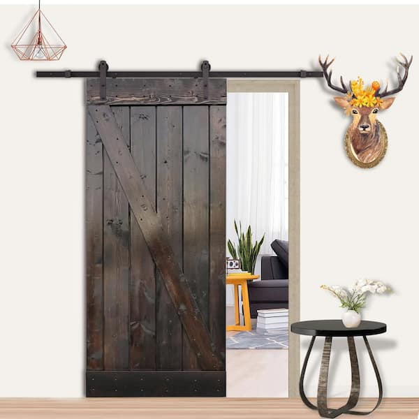 24 in. x 84 in. Z-Bar Dark Coffee Wood Sliding Barn Door with Sliding Door Hardware Kit