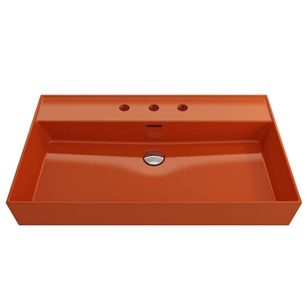 BOCCHI Milano Wall-Mounted Orange Fireclay Rectangular Bathroom Sink 32 in. 3-Hole with Overflow