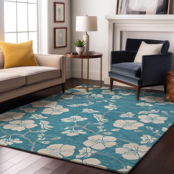 Mayfield Premium Machine Washable Abstract AMF1032 Turquoise 5 ft. x 7 ft. 6 in. Area Rug