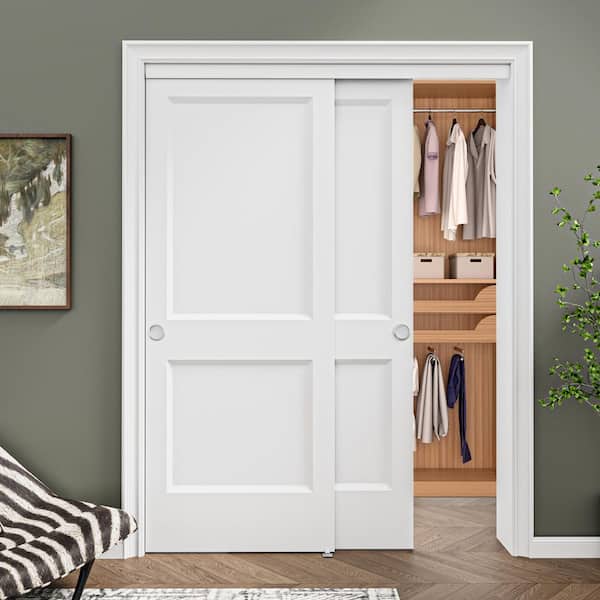 60 in. x 80 in. Paneled 2-Lite White Primed MDF Composite Sliding Door with Hardware