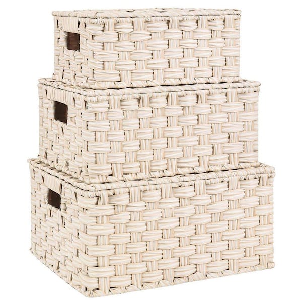 Ivory 14.3 in. x 7 in. Plastic Decorative Basket with Lids Set of