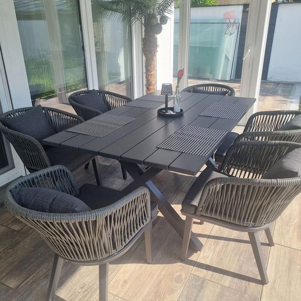 7-Piece All-Weather Wicker Outdoor Dining Set with Table All Aluminum Frame and Grey Cushions for Garden Backyard Deck