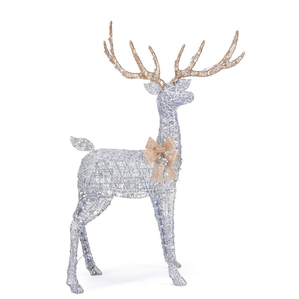 Home Accents Holiday 65 in Cool White 200-Light LED Silver Deer with Gold Bow