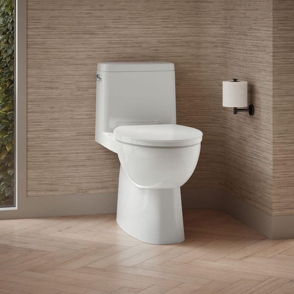 Reach 12 in. Rough In 1-Piece 1.28 GPF Single Flush Elongated Toilet in White Seat Included