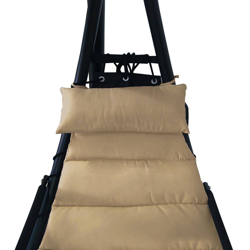 Khaki Hanging Chaise Lounge Chair with Cushions and Umbrella