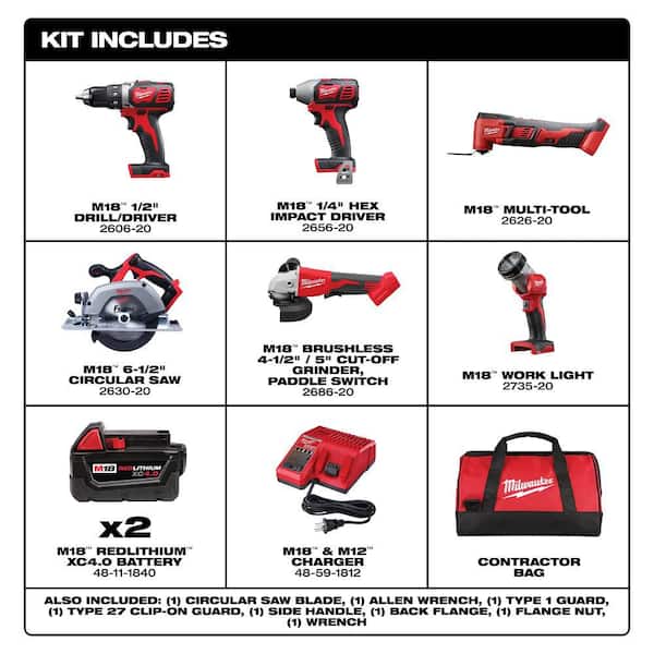 M18 18-Volt Lithium-Ion Cordless Combo Kit (6-Tool) with 2-Batteries, Charger and Tool Bag