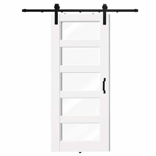 32 in. x 80 in. 5-Lite Clear Glass Panel White Primed Pine Wood Barn Door Slab with Full Barn Door Hardware Kit Set