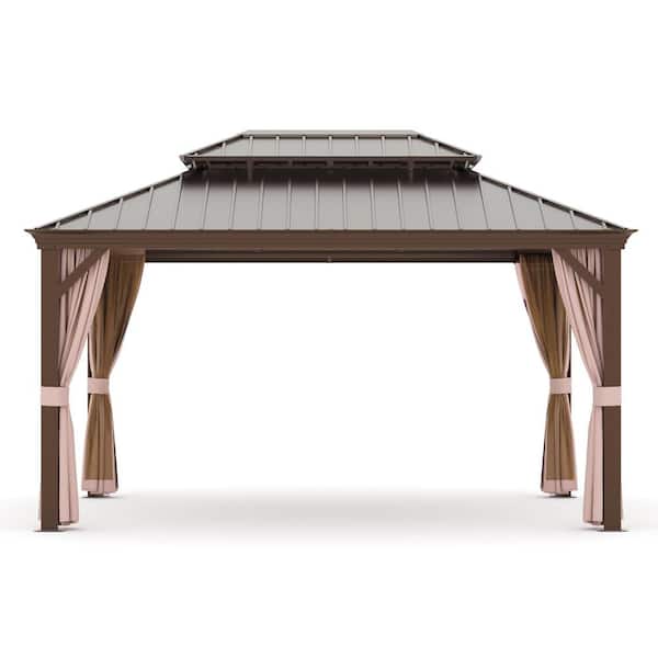 Unbranded 12 ft. x 14 ft. Outdoor Gazebo 2-Tier Hardtop, Patio Gazebo Double Roof Canopy with Netting and Curtains for Backyard