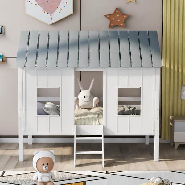 White Twin Size Low Loft House Bed with Roof and Two Front Windows