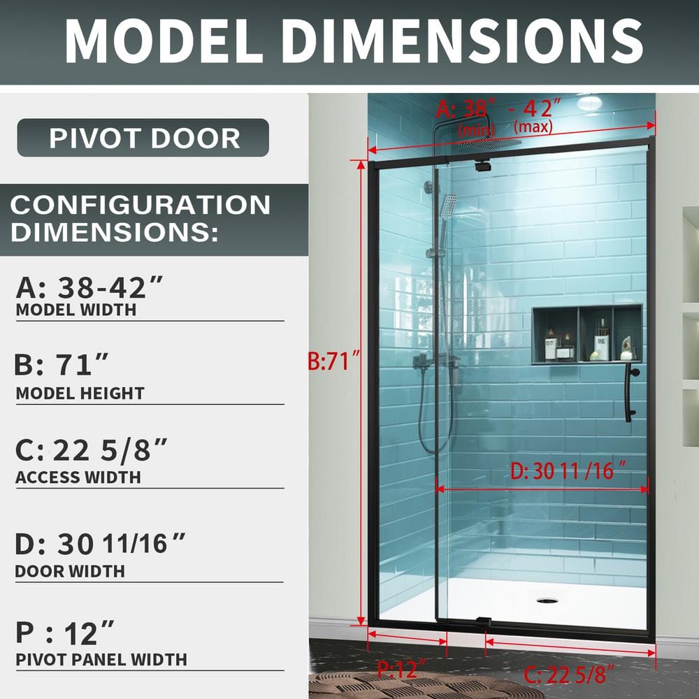 42 in. Matte Black Semi-Frameless Pivot Shower Door with Clear Glass