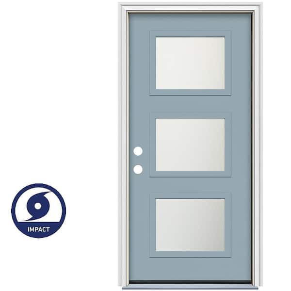 36 in. x 80 in. Right-Hand Craftsman Decorative Impact Glass Blue Painted Fiberglass Prehung Front Door w/Brickmould