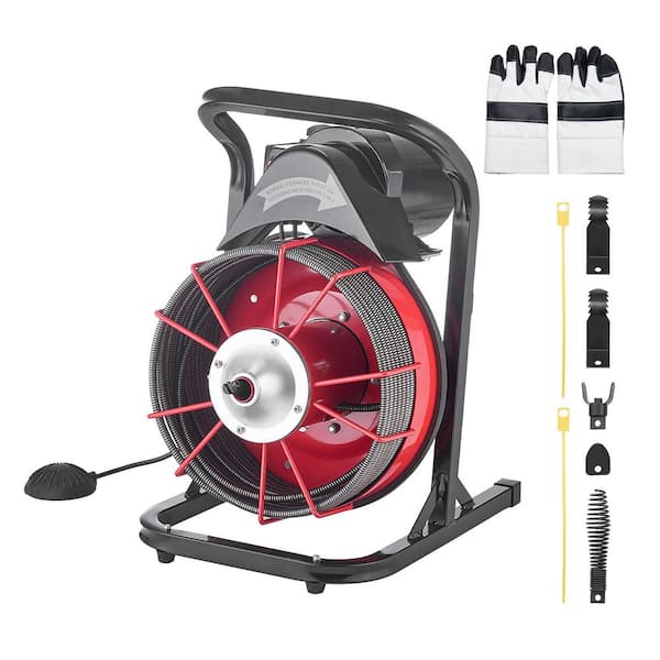 Drain Cleaning Machine 75ft.x3/8in.,Manual Feed Sewer Snake w/ 4-Cutters and Foot Switch for 2 to 4 in. Pipe Maintenance