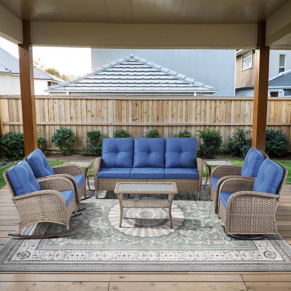 PlainCurve 8-Piece Gray Wicker Patio Conversation Set with Olefin Navy Blue Cushions price history on PriceWatchPro
