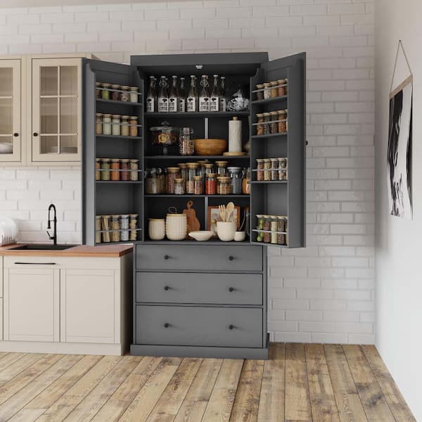 77 in. Wood Pantry Organizer with 3 Adjustable Shelves, 8 Door Shelves, 3 Drawers in Gray