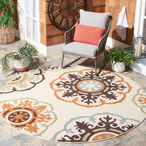 Veranda Cream/Terracotta 7 ft. x 7 ft. Floral Ornate Indoor/Outdoor Round Area Rug