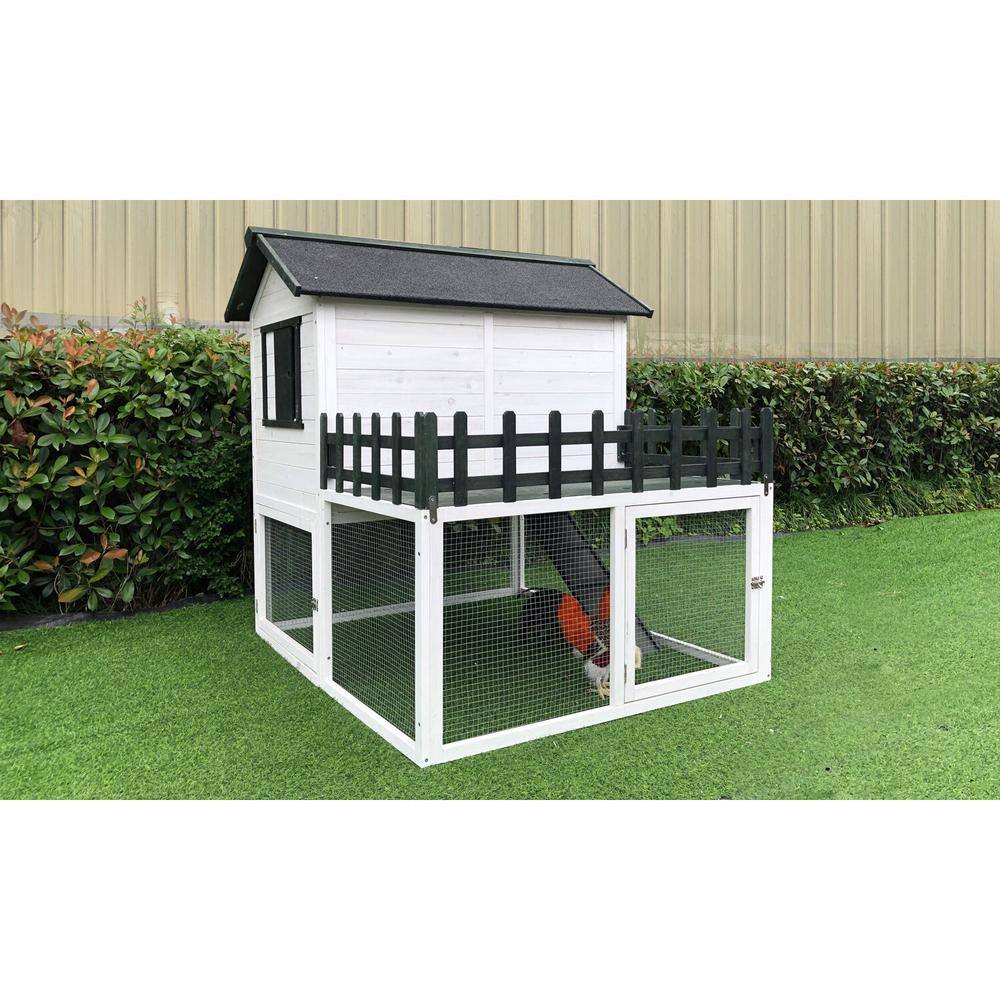 White and Black Elevated Wooden Chicken Coop with Ramp and Wire Mesh Run