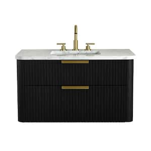 Warren 36 in. W Floating Bath Vanity in Black Oak, Engineered Stone Top in Arabescato and White Sink