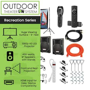 9 ft. Recreation Series Outdoor Theater System Featuring Screen, Projector, Speakers, Stands, and All Other Accessories