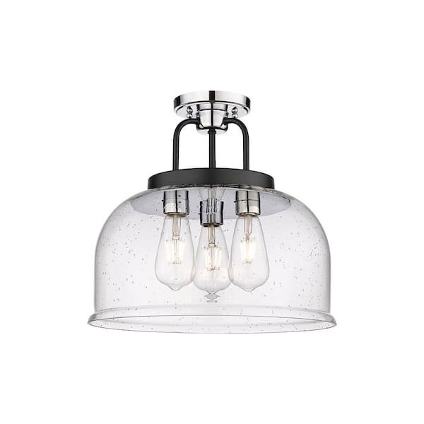 Kahana 15 in. 3-Light Black Polished Chrome Industrial Semi-Flush Mount with Seeded Glass Shade