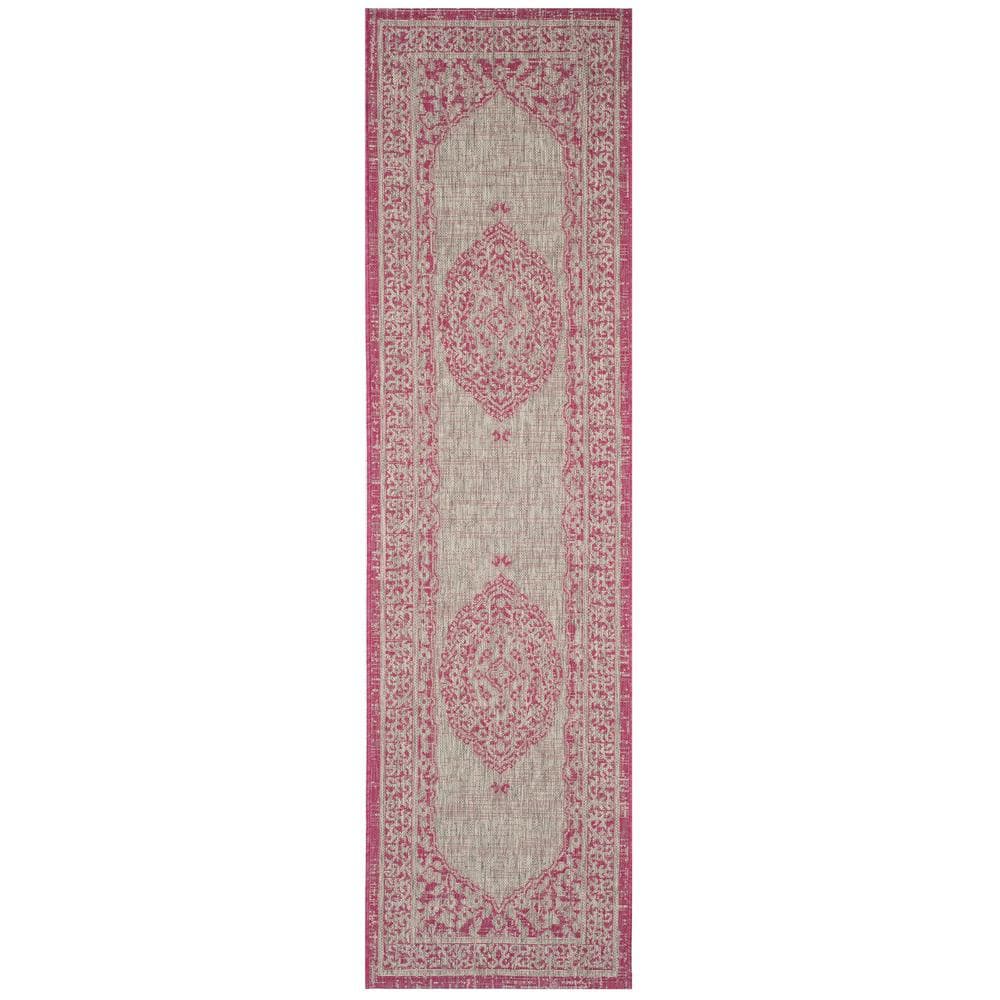 SAFAVIEH Courtyard Light Gray/Fuchsia 2 ft. x 10 ft. Border Indoor/Outdoor Patio Runner Rug